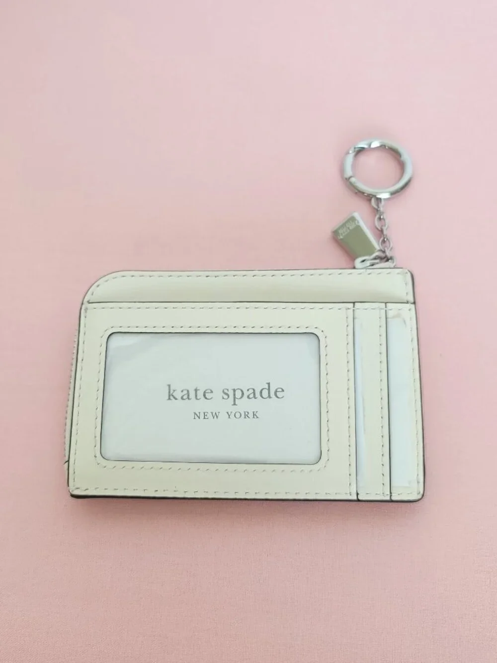 KATE SPADE Mini Zipper ID Card Case in Smooth Leather w Print-Cream multi⭐